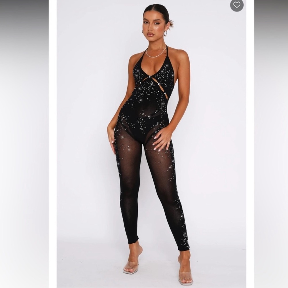 White Fox Sheer Mesh Rhinestone Cutout Halter Catsuit Party Jumpsuit